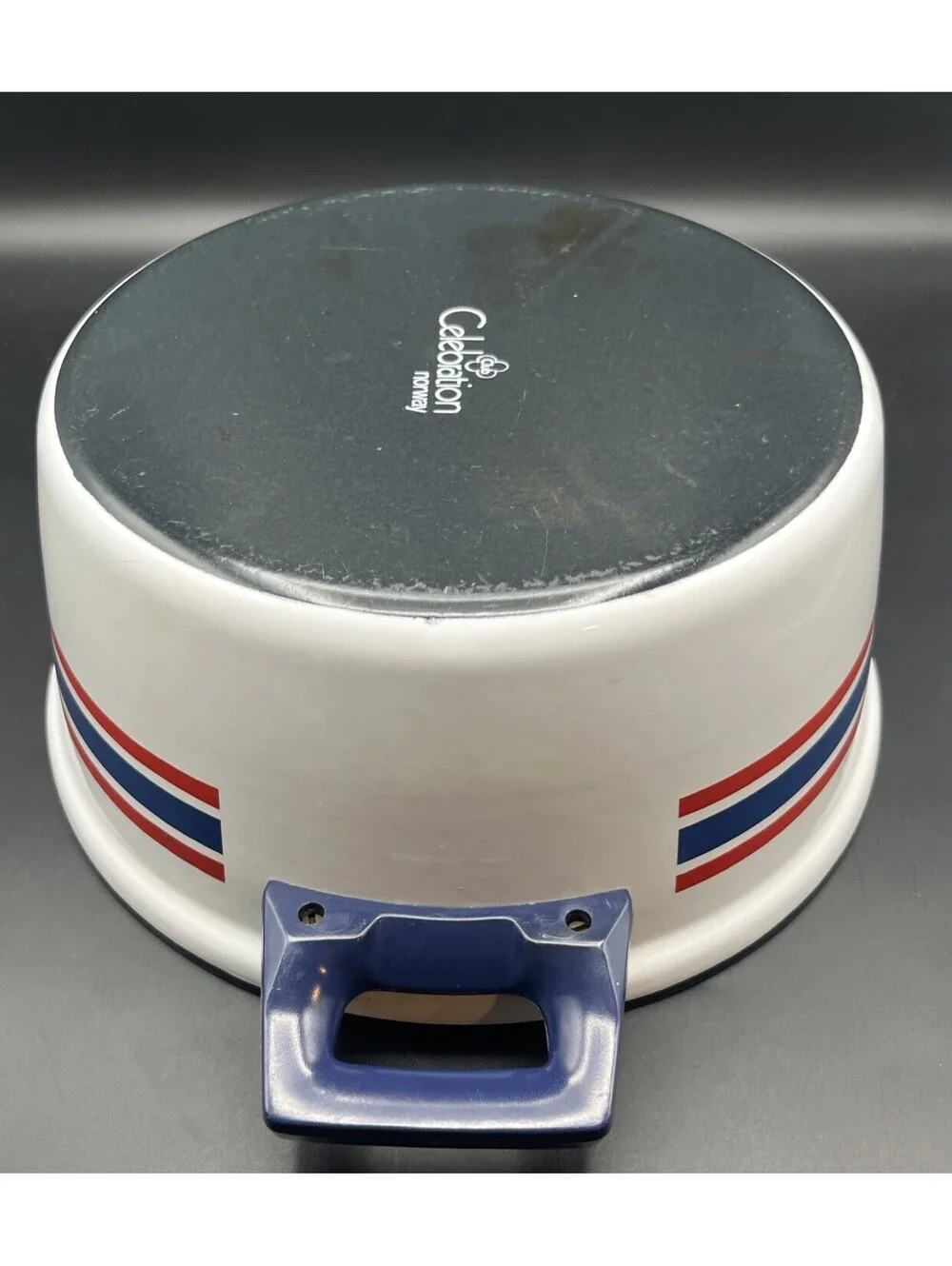 Vintage Cathrineholm Norway Enamel Dutch Oven Blue Red Stripe Club Celebration
